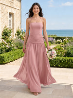 Chiffon A Line Halter Sleeveless Long Bridesmaid Dresses