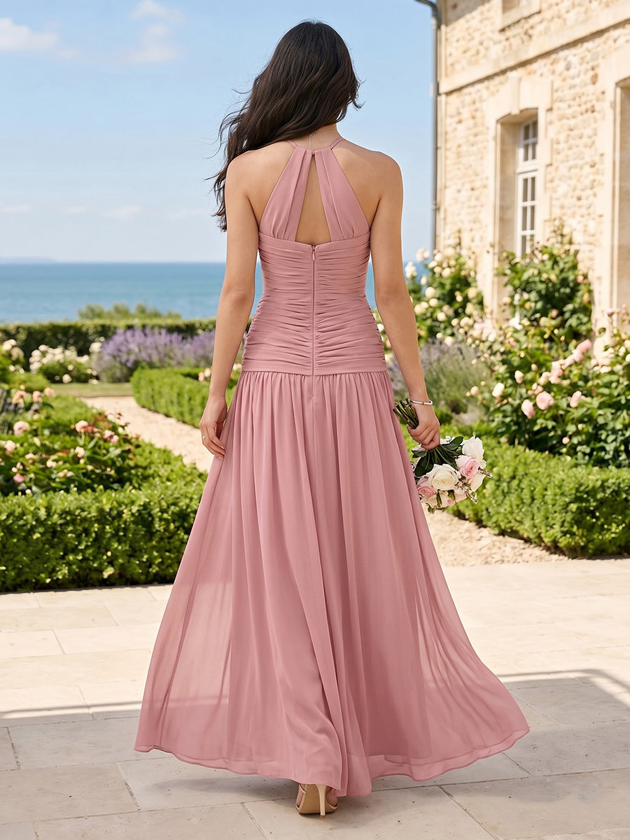 Chiffon A Line Halter Sleeveless Long Bridesmaid Dresses
