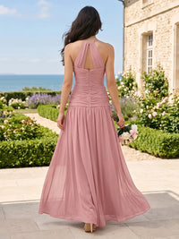 Chiffon A Line Halter Sleeveless Long Bridesmaid Dresses