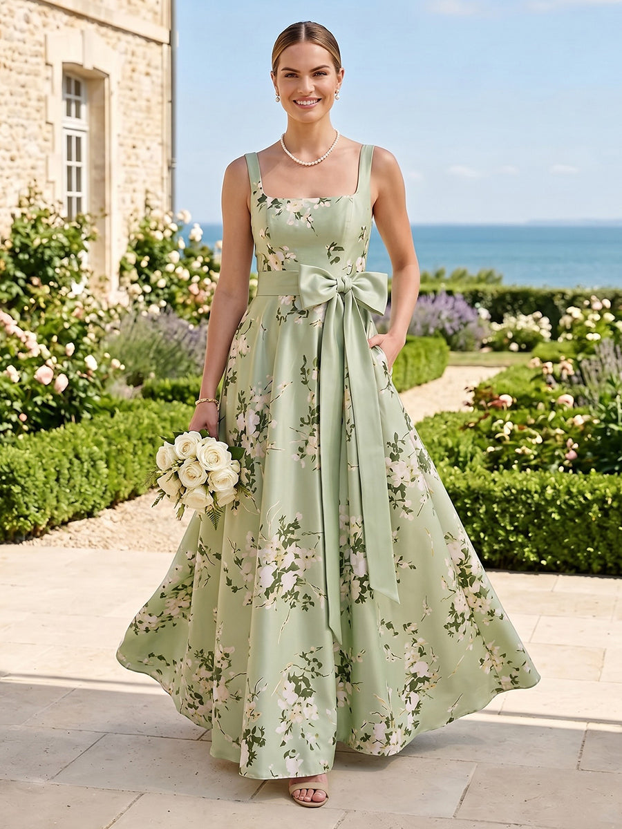 A Line Square Neck Sleeveless Long Bridesmaid Dresses with Bow