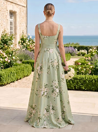 A Line Square Neck Sleeveless Long Bridesmaid Dresses with Bow