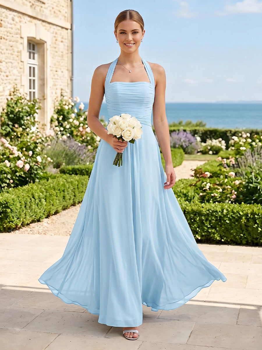 A Line Chiffon Pleated Halter Sleeveless Long Bridesmaid Dresses