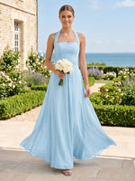 A Line Chiffon Pleated Halter Sleeveless Long Bridesmaid Dresses