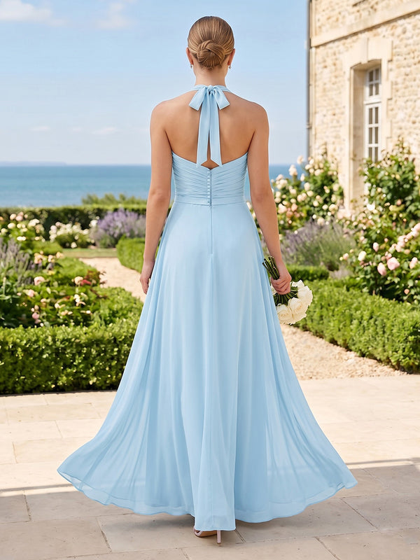 A Line Chiffon Pleated Halter Sleeveless Long Bridesmaid Dresses