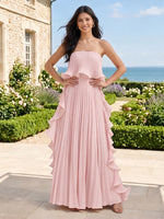 A Line Strapless Sleeveless Pleated Long Bridesmaid Dresses