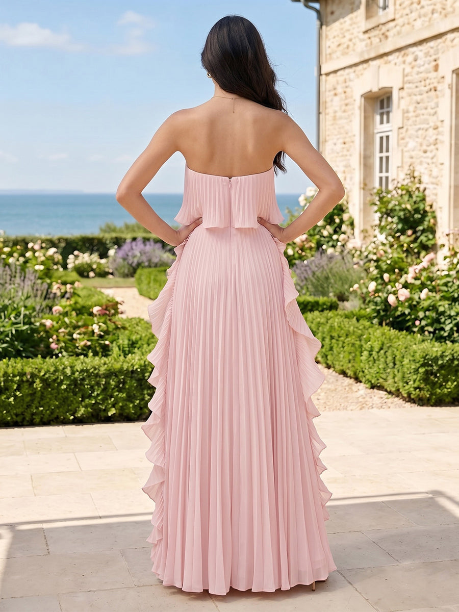 A Line Strapless Sleeveless Pleated Long Bridesmaid Dresses