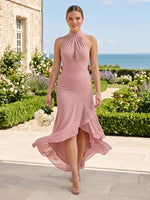 Mermaid High Neck Chiffon High Low Bridesmaid Dresses with Bow