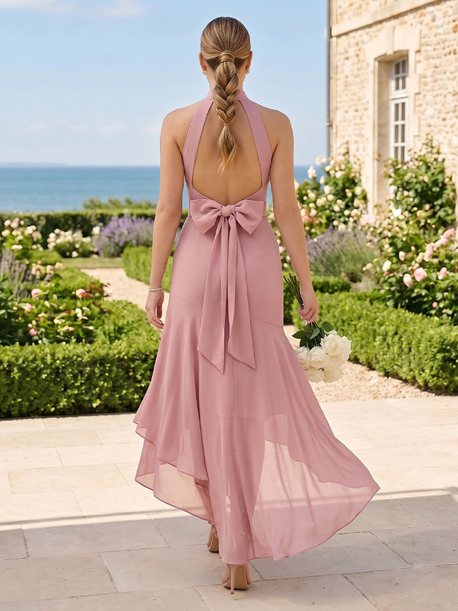 Mermaid High Neck Chiffon High Low Bridesmaid Dresses with Bow