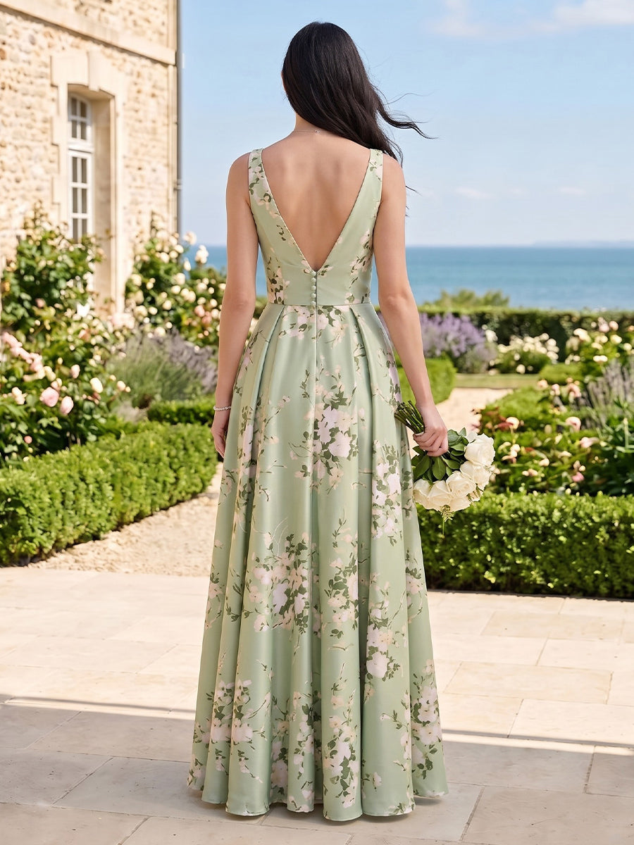 A Line V Neck Sleeveless Long Bridesmaid Dresses with Slit