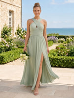 A Line Halter Sleeveless Long Bridesmaid Dresses with Slit