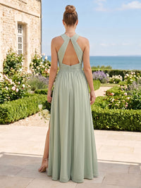A Line Halter Sleeveless Long Bridesmaid Dresses with Slit