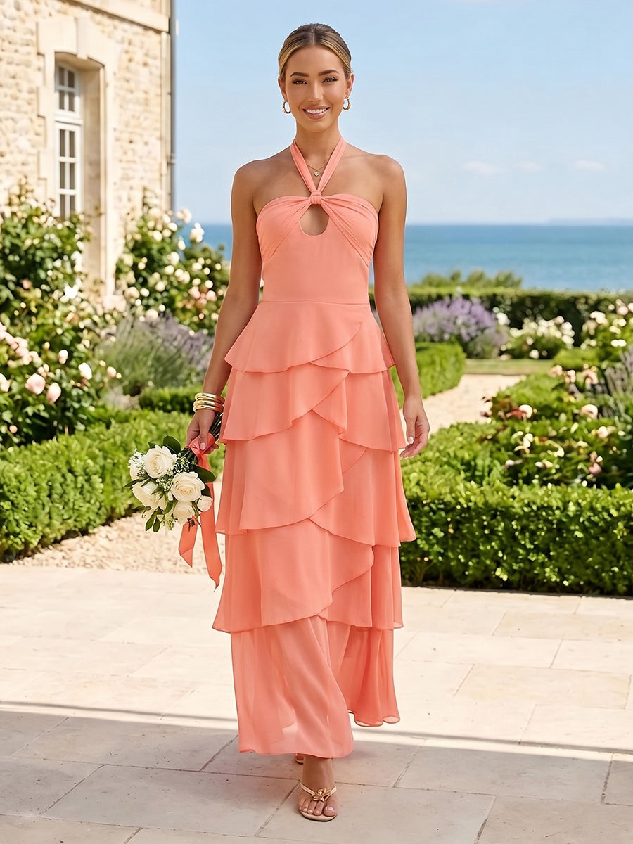 A Line Chiffon Tiered Halter Sleeveless Long Bridesmaid Dresses