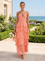 A Line Chiffon Tiered Halter Sleeveless Long Bridesmaid Dresses