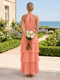 A Line Chiffon Tiered Halter Sleeveless Long Bridesmaid Dresses
