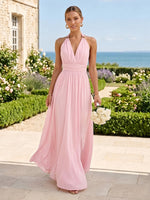 A Line V Neck Chiffon Sleeveless Long Bridesmaid Dresses