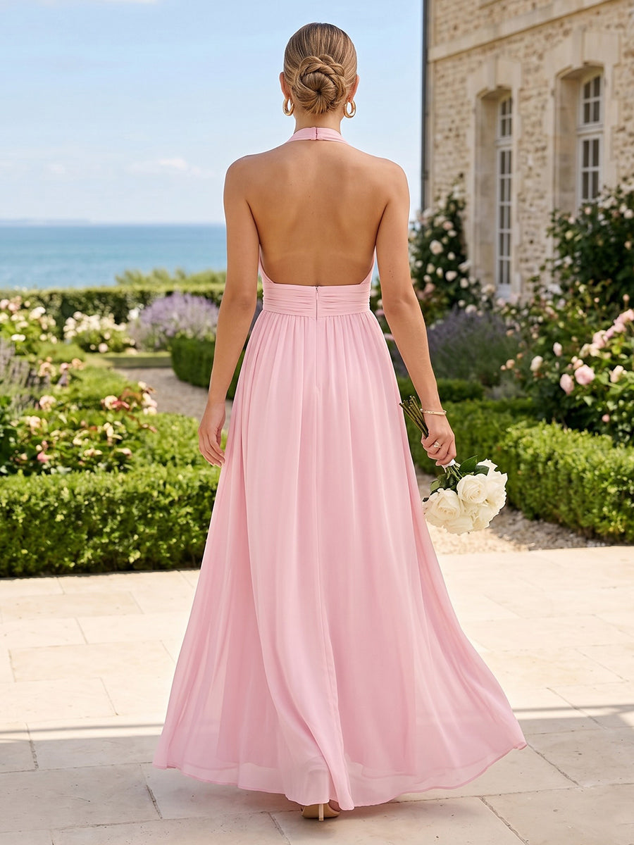 A Line V Neck Chiffon Sleeveless Long Bridesmaid Dresses