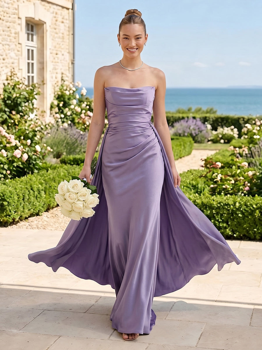 Mermaid Strapless Pleated Sleeveless Long Bridesmaid Dresses
