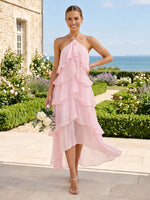 A Line Chiffon Halter Sleeveless High Low Bridesmaid Dresses