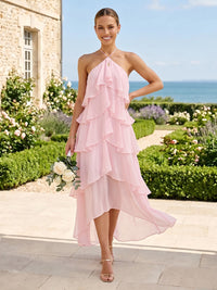 A Line Chiffon Halter Sleeveless High Low Bridesmaid Dresses