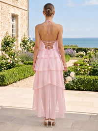 A Line Chiffon Halter Sleeveless High Low Bridesmaid Dresses