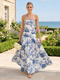 A Line Satin Strapless Pleated Sleeveless Long Bridesmaid Dresses