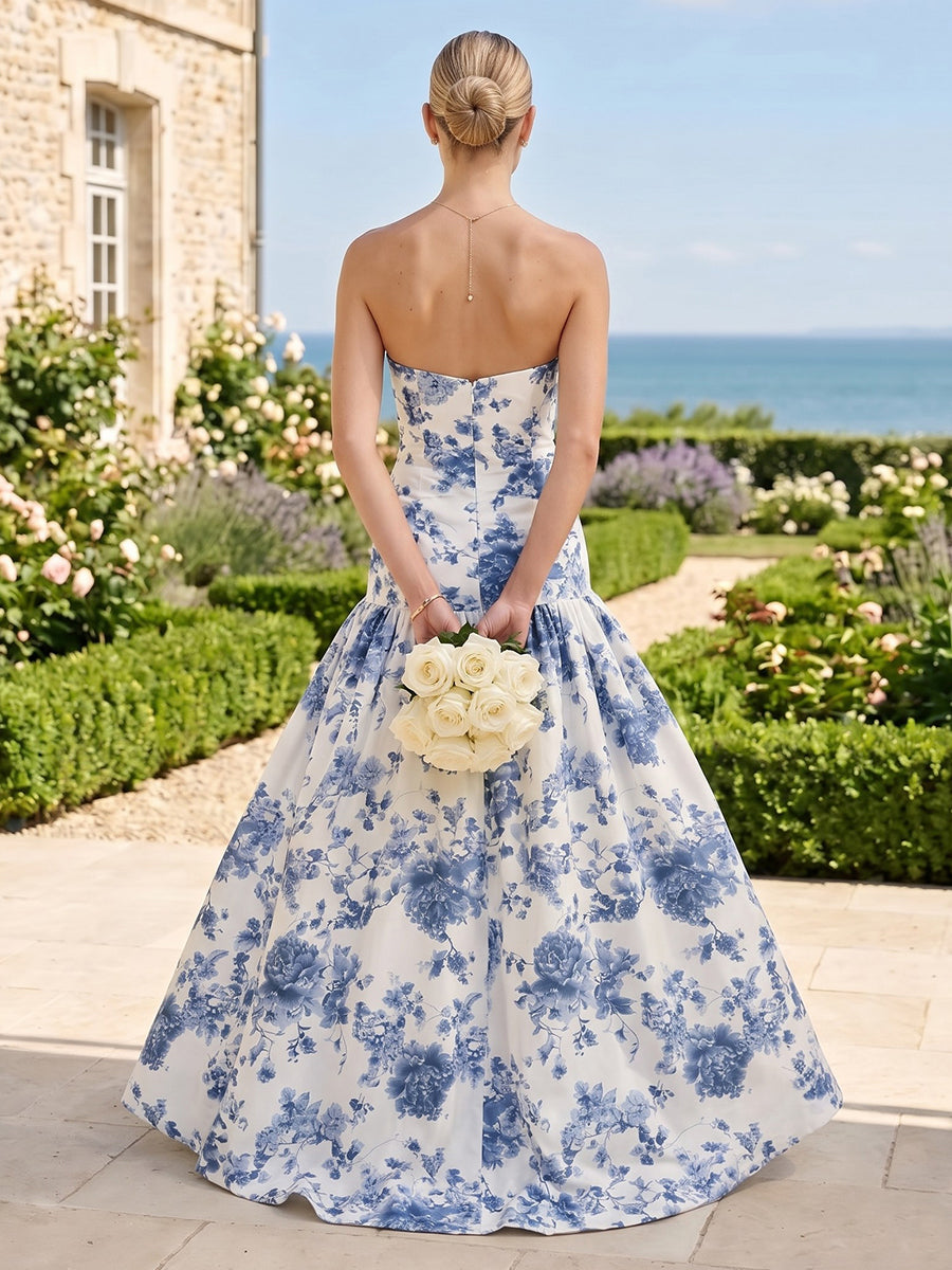 A Line Satin Strapless Pleated Sleeveless Long Bridesmaid Dresses