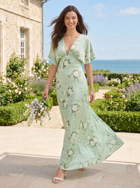 A Line Deep V Neck Short Sleeves Long Bridesmaid Dresses