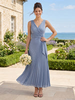A Line Pleated V Neck Sleeveless Long Bridesmaid Dresses