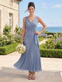 A Line Pleated V Neck Sleeveless Long Bridesmaid Dresses