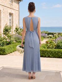 A Line Pleated V Neck Sleeveless Long Bridesmaid Dresses