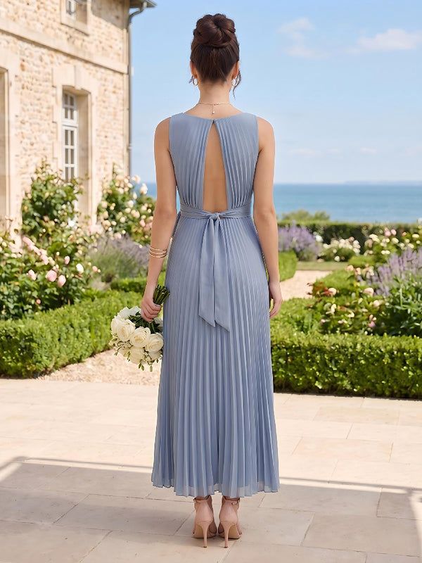 A Line Pleated V Neck Sleeveless Long Bridesmaid Dresses