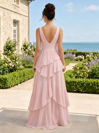 A Line Tiered V Neck Sleeveless Long Bridesmaid Dresses