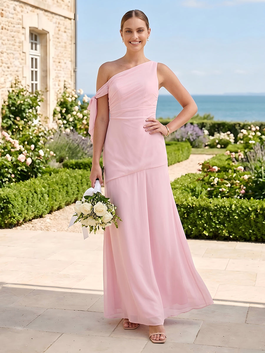 A Line Chiffon One Shoulder Sleeveless Long Bridesmaid Dresses