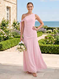 A Line Chiffon One Shoulder Sleeveless Long Bridesmaid Dresses