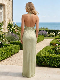 Column Deep V Neck Sleeveless Long Bridesmaid Dresses