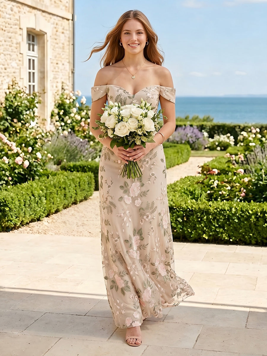 A Line Off Shoulder Sleeveless Long Bridesmaid Dresses