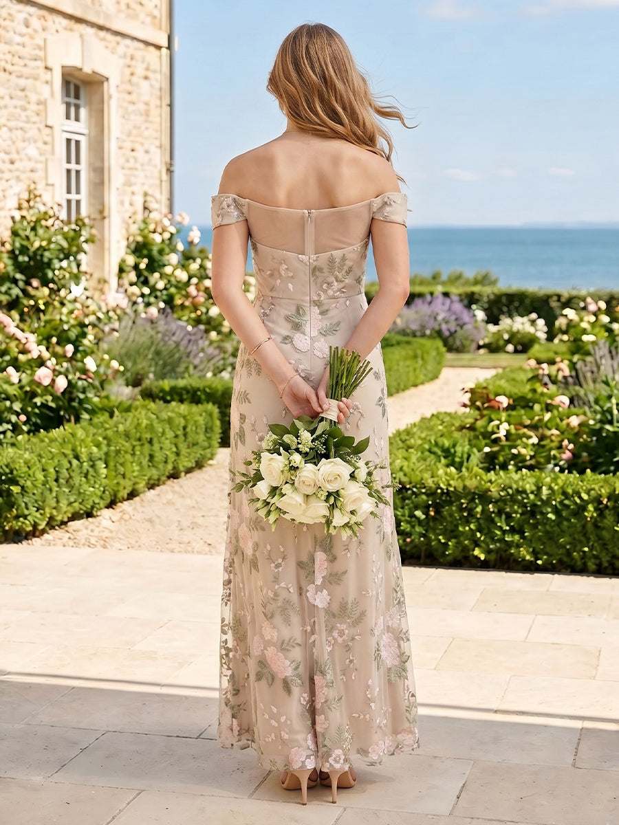 A Line Off Shoulder Sleeveless Long Bridesmaid Dresses
