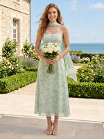 A Line Square Neck Sleeveless Long Bridesmaid Dresses with Scarf