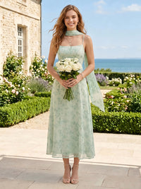 A Line Square Neck Sleeveless Long Bridesmaid Dresses with Scarf