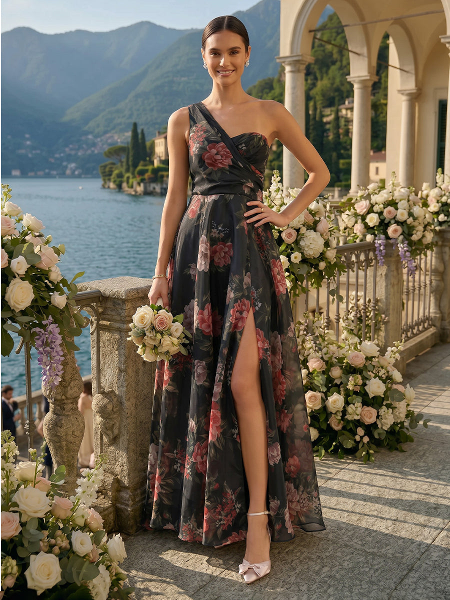 A Line One Shoulder Sleeveless Long Bridesmaid Dresses with Slit