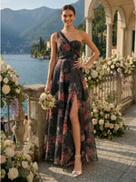 A Line One Shoulder Sleeveless Long Bridesmaid Dresses with Slit