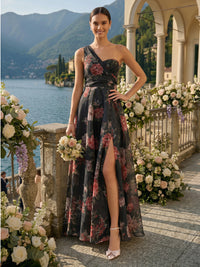 A Line One Shoulder Sleeveless Long Bridesmaid Dresses with Slit