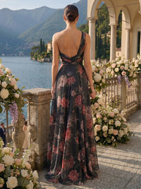 A Line One Shoulder Sleeveless Long Bridesmaid Dresses with Slit