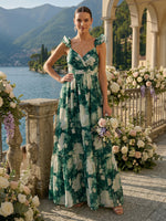 A Line V Neck Flutter Sleeves Long Bridesmaid Dresses