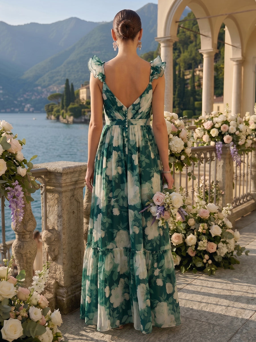 A Line V Neck Flutter Sleeves Long Bridesmaid Dresses