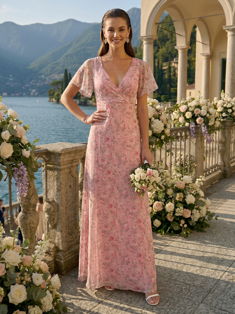 A Line Chiffon V Neck Short Sleeves Long Bridesmaid Dresses