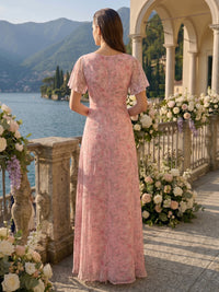 A Line Chiffon V Neck Short Sleeves Long Bridesmaid Dresses