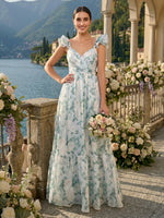 A Line Tulle V Neck Flutter Sleeves Long Bridesmaid Dresses
