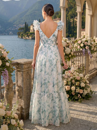 A Line Tulle V Neck Flutter Sleeves Long Bridesmaid Dresses