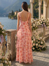 A Line Tiered V Neck Sleeveless Long Bridesmaid Dresses